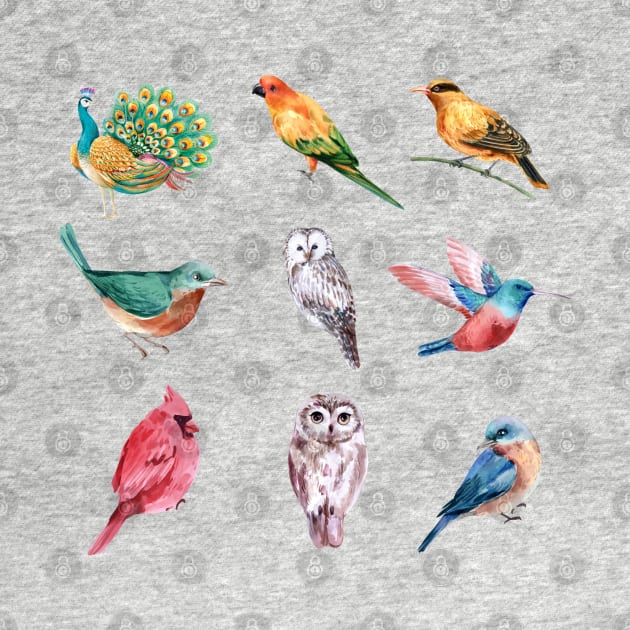 hand drawn watercolor birds collection by Mako Design 